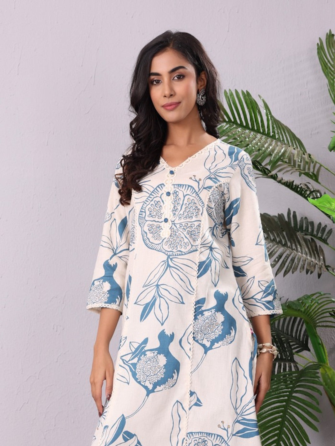 White Lace Straight Rayon Kurti with Gold Print