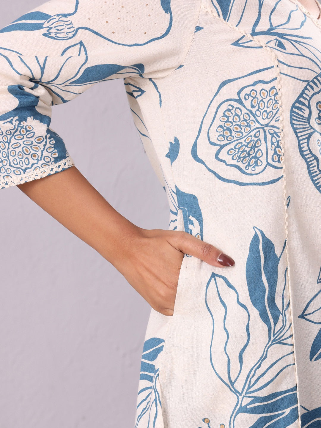 White Lace Straight Rayon Kurti with Gold Print