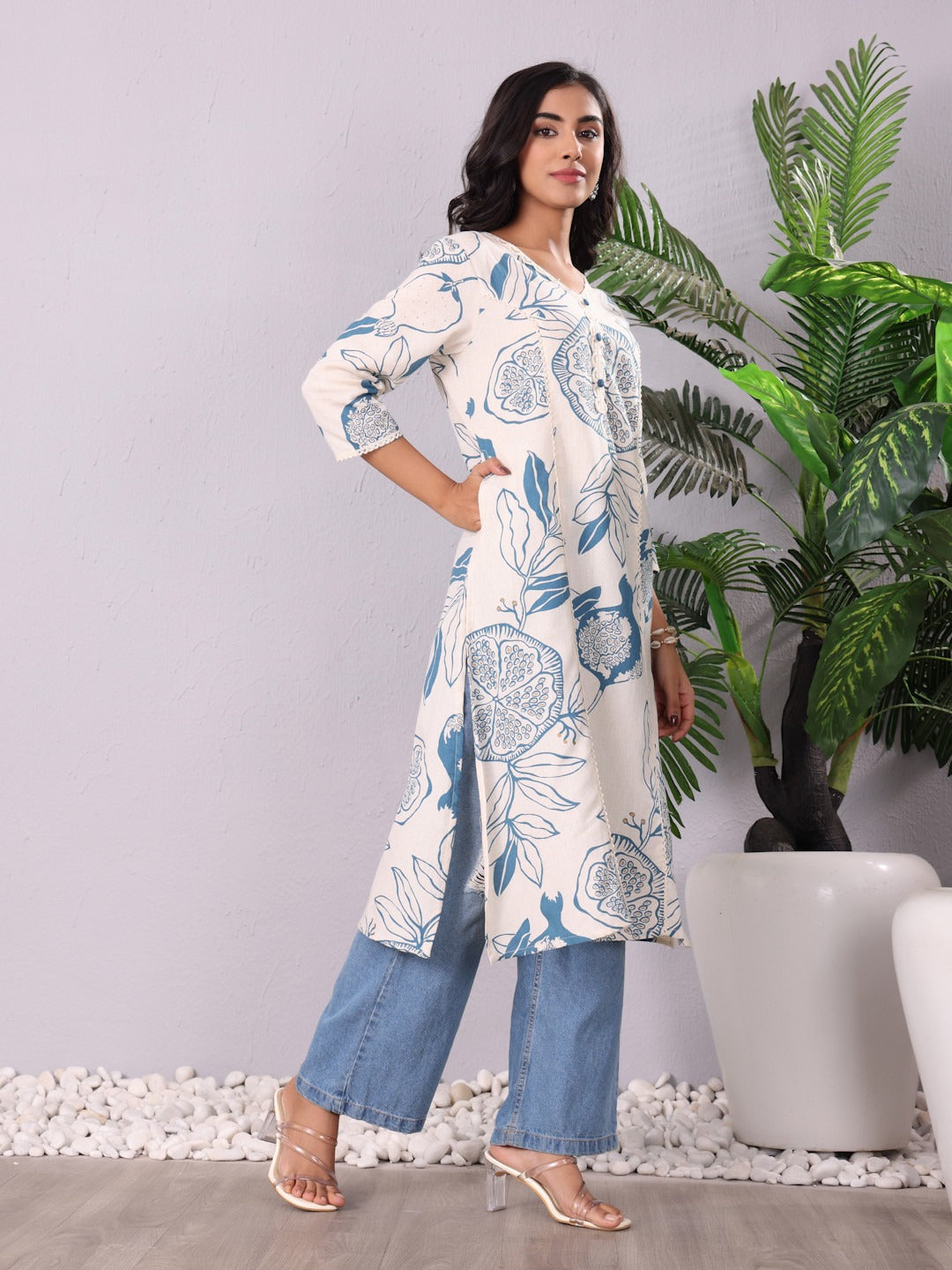 White Lace Straight Rayon Kurti with Gold Print