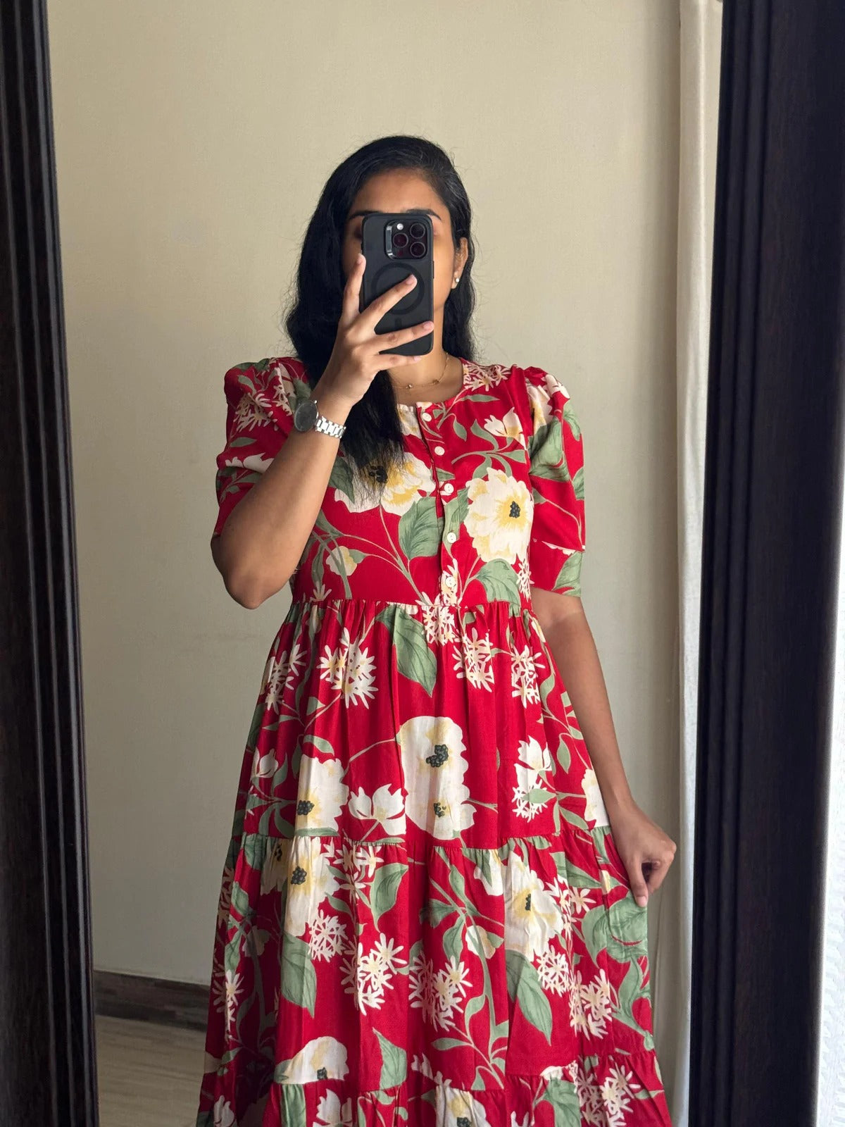 Red Floral Rayon Tiered Anarkali Dress for Women