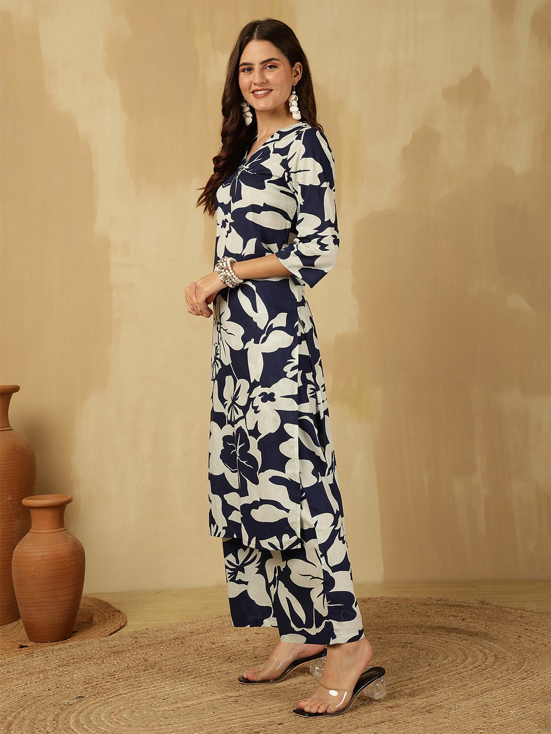 Navy Blue Cotton Kurti Palazzo Set for Women