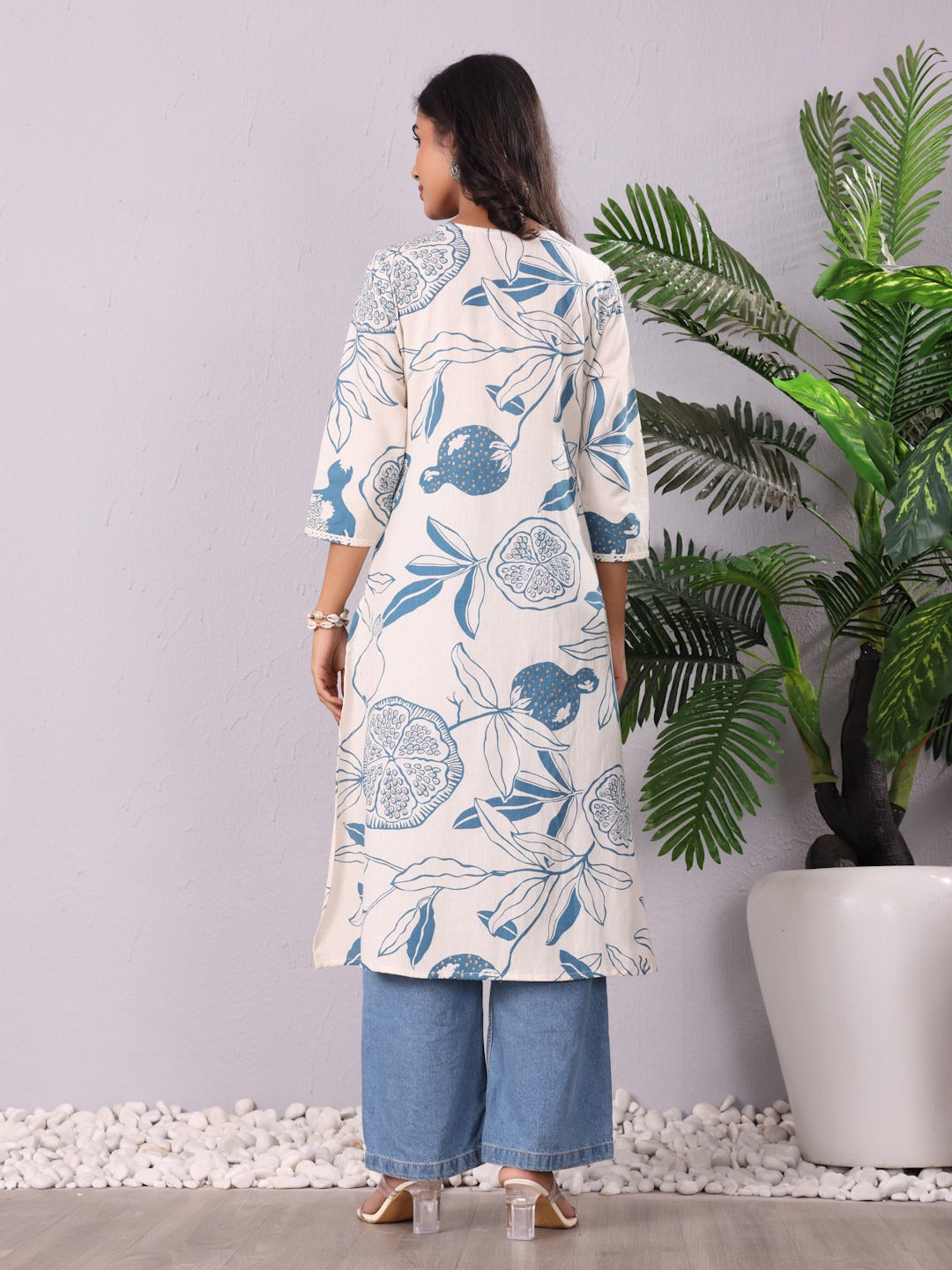 White Lace Straight Rayon Kurti with Gold Print