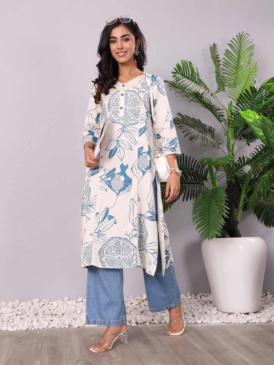 White Lace Straight Rayon Kurti with Gold Print