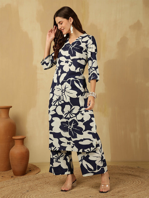 Navy Blue Cotton Kurti Palazzo Set for Women