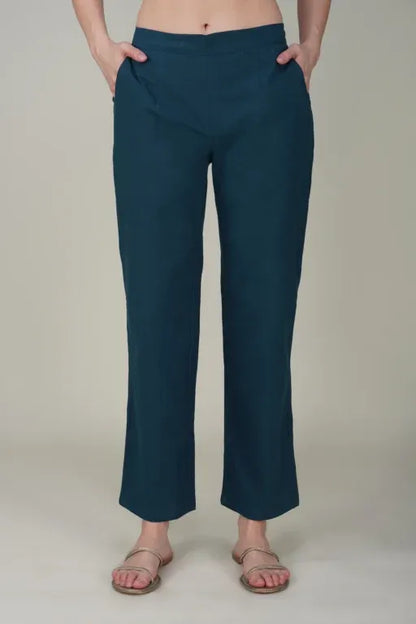 Peacock Blue Wide Leg Cotton Pant