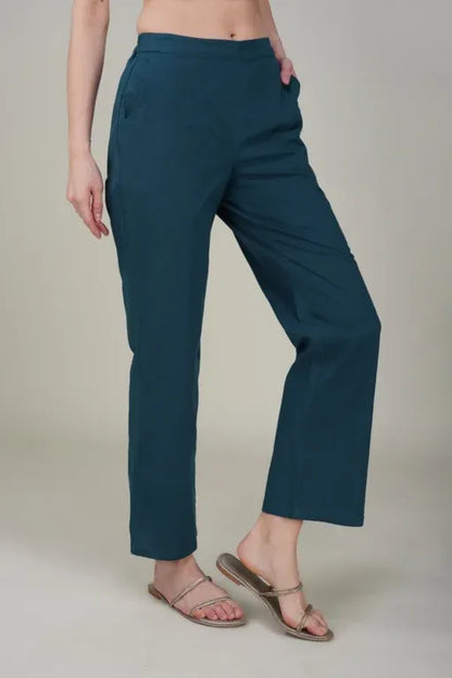Peacock Blue Wide Leg Cotton Pant