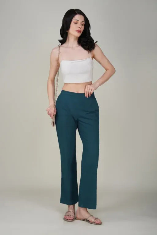 Peacock Blue Wide Leg Cotton Pant