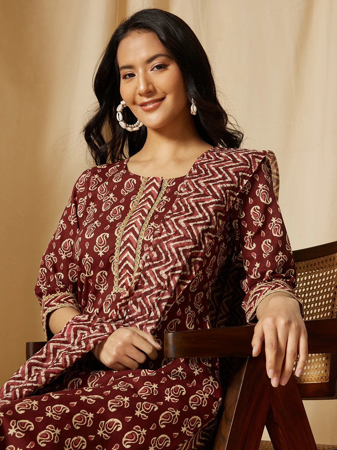 Maroon Cotton Gota Lace 3 Piece Kurti Pant Dupatta Set for Women