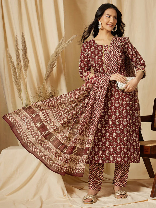 Maroon Cotton Gota Lace 3 Piece Kurti Pant Dupatta Set for Women