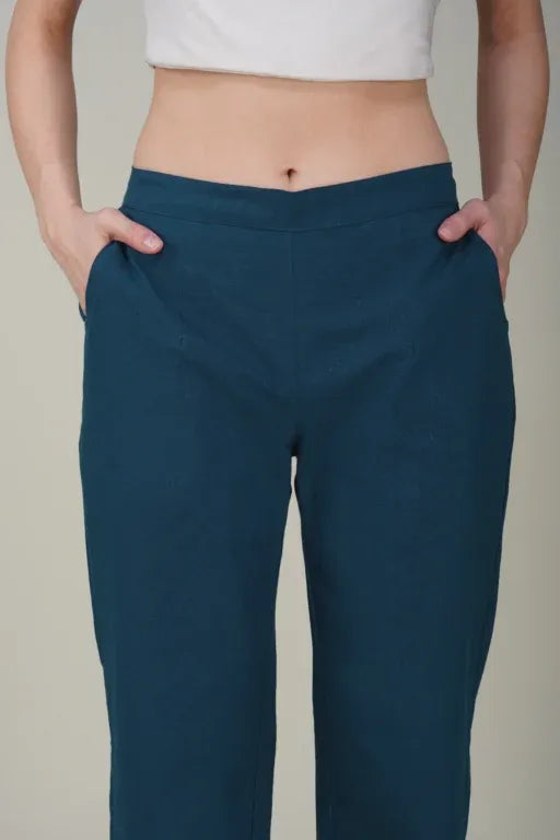 Peacock Blue Wide Leg Cotton Pant