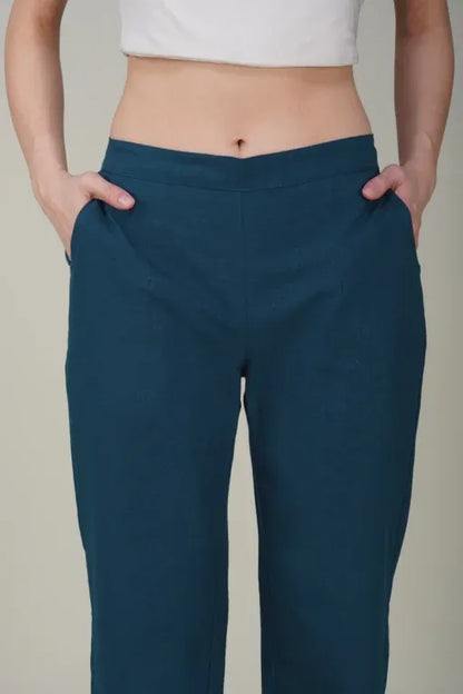 Peacock Blue Wide Leg Cotton Pant
