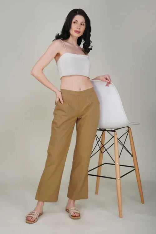 Camel Brown Wide Leg Cotton Pant