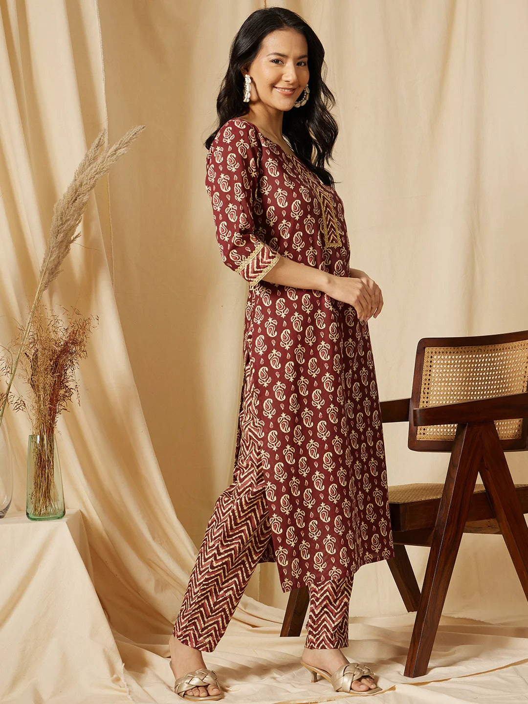 Maroon Cotton Gota Lace 3 Piece Kurti Pant Dupatta Set for Women