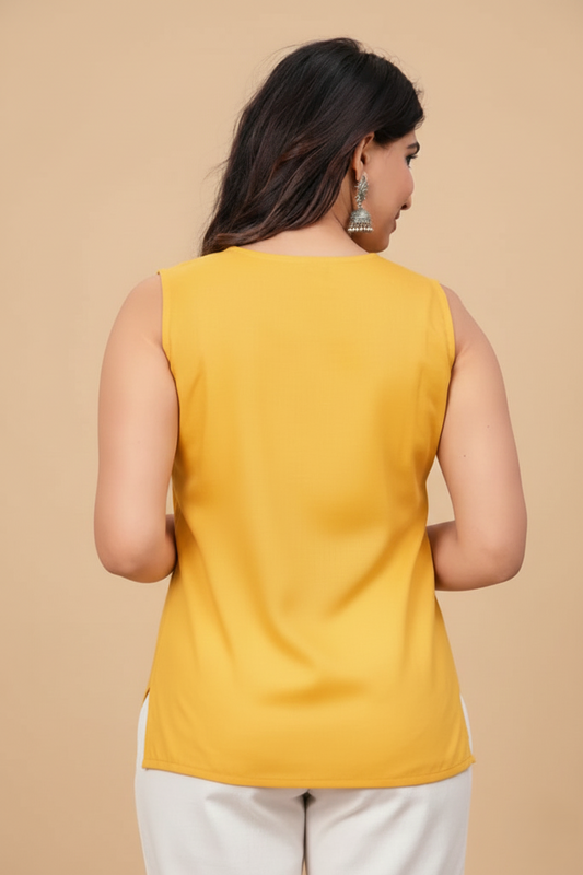 Mustard Yellow Minimalist Sleeveless Longline Fusion Tunic