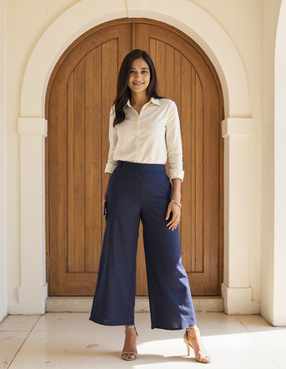 Women Navy Blue Airy Linen Wide Leg Pant