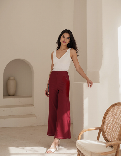Women Maroon Airy Linen Wide Leg Pant